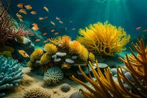 foto behang zee, koraal, vis, koralen, de oceaan, de zee, de zon. ai-gegenereerd