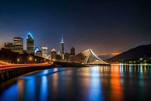 de stad horizon Bij nacht met lichten Aan de brug. ai-gegenereerd foto