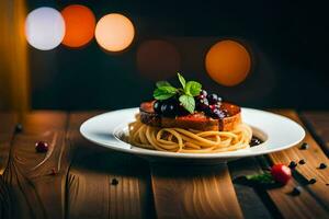 spaghetti met tomaat saus en kers tomaten Aan een houten tafel. ai-gegenereerd foto