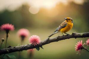 een geel vogel zit Aan een Afdeling met roze bloemen. ai-gegenereerd foto