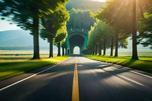 een weg met bomen en een tunnel in de achtergrond. ai-gegenereerd foto