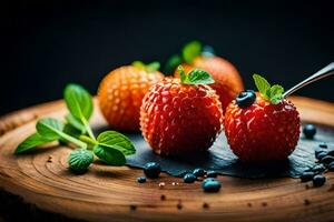 aardbeien en bosbessen Aan een houten bord. ai-gegenereerd foto