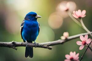 een blauw vogel zit Aan een Afdeling met roze bloemen. ai-gegenereerd foto