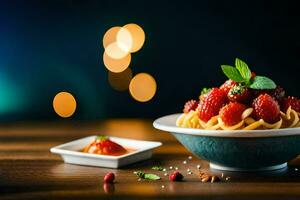 pasta met aardbeien en munt Aan een houten tafel. ai-gegenereerd foto
