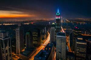 de stad horizon Bij nacht met lichten Aan. ai-gegenereerd foto