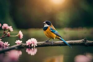 een vogel zittend Aan een Afdeling met bloemen in de achtergrond. ai-gegenereerd foto