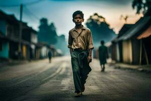 een jongen wandelen naar beneden de straat in een dorp. ai-gegenereerd foto