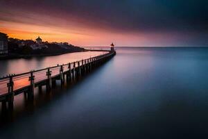 een lang blootstelling fotograaf van een pier Bij zonsondergang. ai-gegenereerd foto