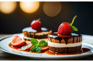 twee desserts Aan een bord met aardbeien. ai-gegenereerd foto