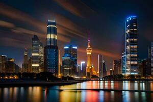 de Shanghai horizon Bij nacht. ai-gegenereerd foto