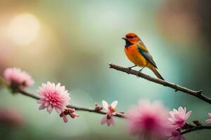 foto behang de lucht, vogel, bloemen, lente, de zon, de vogel, de vogel. ai-gegenereerd