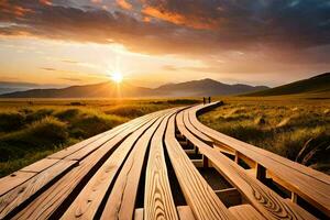 een houten loopbrug in de midden- van een veld. ai-gegenereerd foto