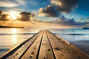 een houten pier strekt zich uit uit in de oceaan Bij zonsondergang. ai-gegenereerd foto