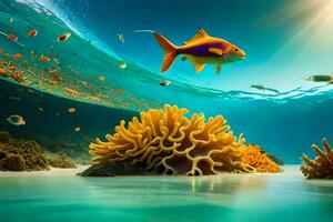 vis zwemmen in de oceaan met koraal en anemonen. ai-gegenereerd foto