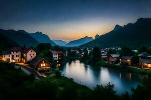 foto behang de lucht, bergen, rivier, huis, zonsondergang, de bergen, rivier, huis. ai-gegenereerd