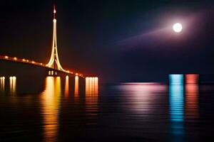een brug met een maan in de lucht en een brug over- water. ai-gegenereerd foto