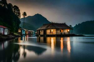 een huis Aan de water Bij nacht. ai-gegenereerd foto