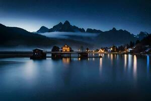 een meer Bij nacht met bergen in de achtergrond. ai-gegenereerd foto