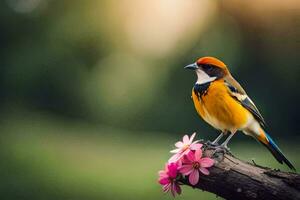 een vogel zittend Aan een Afdeling met roze bloemen. ai-gegenereerd foto