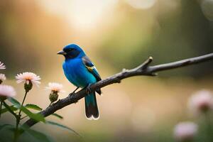 een blauw vogel zit Aan een Afdeling met roze bloemen. ai-gegenereerd foto