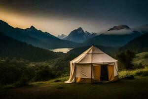 een tent is reeks omhoog Aan een heuvel met uitzicht een vallei. ai-gegenereerd foto