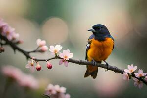 een vogel zit Aan een Afdeling met roze bloemen. ai-gegenereerd foto