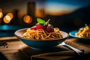 spaghetti met aardbeien en munt Aan een houten tafel. ai-gegenereerd foto