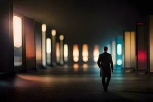 een Mens wandelen door een donker tunnel met lichten. ai-gegenereerd foto
