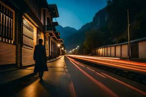 een Mens wandelen naar beneden een straat Bij nacht met licht paden. ai-gegenereerd foto