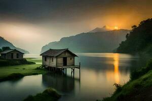 foto behang de lucht, bergen, water, huis, de meer, de bergen, de meer. ai-gegenereerd