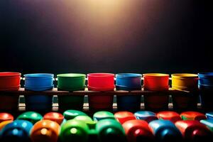 kleurrijk plastic emmers Aan een houten tafel. ai-gegenereerd foto
