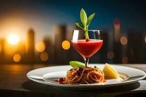 een bord met spaghetti en een glas van rood wijn. ai-gegenereerd foto