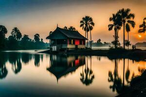 een huis Aan de water met palm bomen in de achtergrond. ai-gegenereerd foto