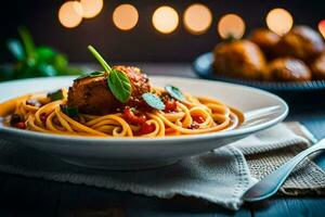 spaghetti met gehaktballen en tomaat saus Aan een bord. ai-gegenereerd foto