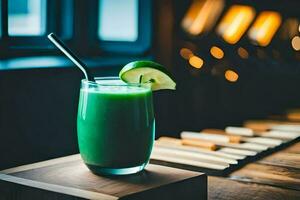 een groen smoothie met een rietje zittend Aan een tafel. ai-gegenereerd foto