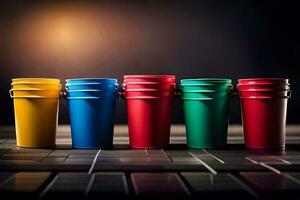 een rij van kleurrijk plastic cups Aan een tafel. ai-gegenereerd foto