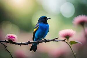 een blauw vogel zit Aan een Afdeling met roze bloemen. ai-gegenereerd foto