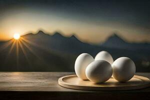 eieren Aan een bord met bergen in de achtergrond. ai-gegenereerd foto