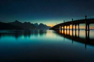 een brug over- water Bij zonsondergang met bergen in de achtergrond. ai-gegenereerd foto