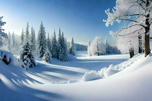 winter landschap met bomen gedekt in sneeuw. ai-gegenereerd foto