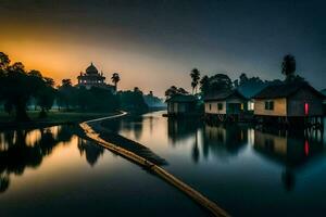 een rivier- met huizen en een tempel Bij zonsondergang. ai-gegenereerd foto