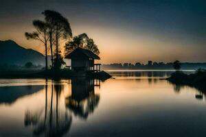 een klein huis zit Aan de rand van een meer Bij zonsondergang. ai-gegenereerd foto