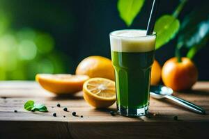 een glas van groen sap met citroen en sinaasappelen. ai-gegenereerd foto