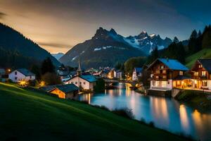 foto behang de lucht, bergen, rivier, huis, bergen, meer, huis, bergen,. ai-gegenereerd