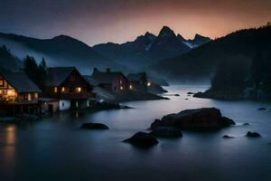 foto behang de lucht, bergen, mist, de meer, de bergen, de meer, de. ai-gegenereerd