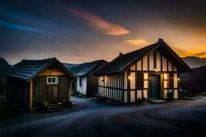 foto behang de lucht, huis, de zon, de bergen, de huis, de bergen,. ai-gegenereerd