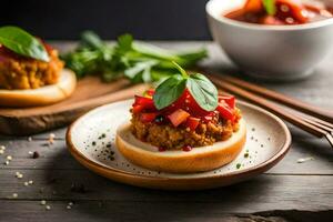 een klein belegd broodje met tomaat saus en basilicum bladeren. ai-gegenereerd foto