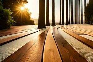 een houten loopbrug met bomen en zon schijnt. ai-gegenereerd foto