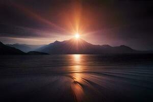 de zon is schijnend over- een berg en water. ai-gegenereerd foto