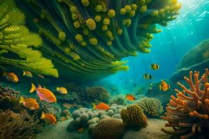 een onderwater- tafereel met koraal en vis. ai-gegenereerd foto
